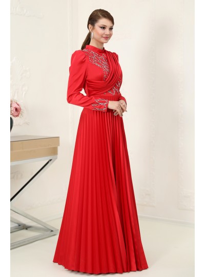Hafsa Saten Tesettür Abiye - Kırmızı