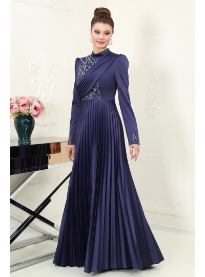 Hafsa Saten Tesettür Abiye - Lacivert