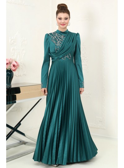 Hafsa Saten Tesettür Abiye - Zümrüt