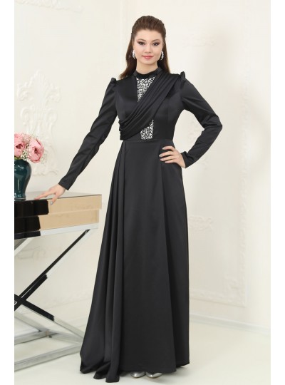 Zen Saten Büyük Tesettür Abiye - Siyah
