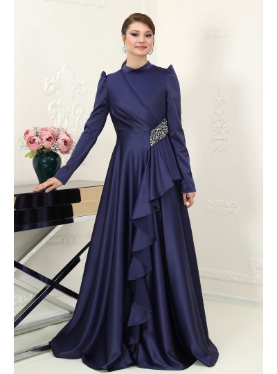 Nazende Saten Tesettür Abiye - Lacivert