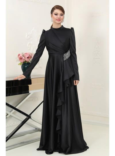 Nazende Saten Tesettür Abiye - Siyah