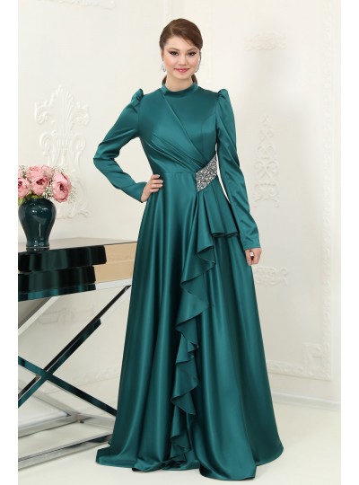 Nazende Saten Tesettür Abiye - Zümrüt